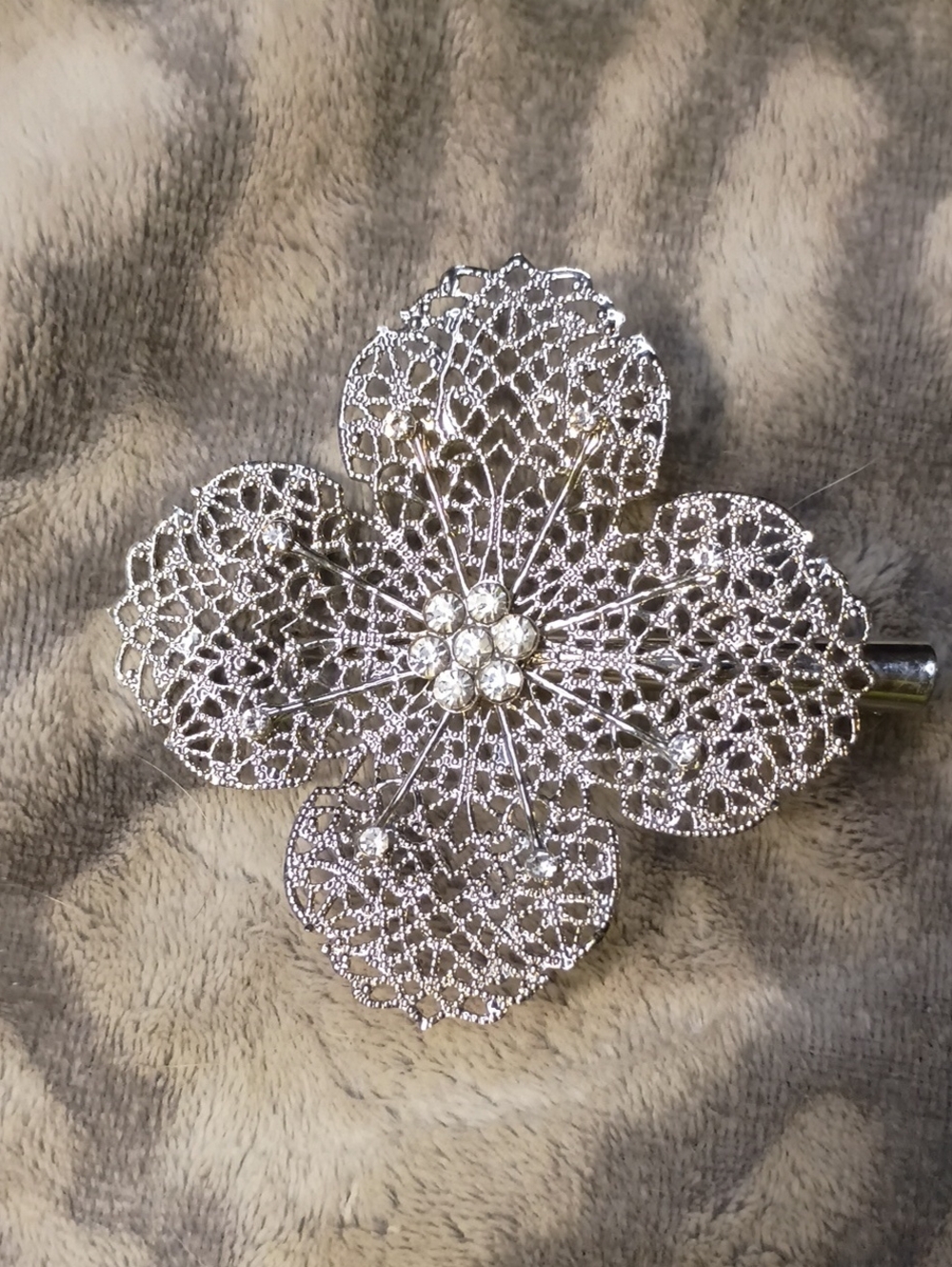 Silver Floral Filigree Hair Clip with Crystal Center